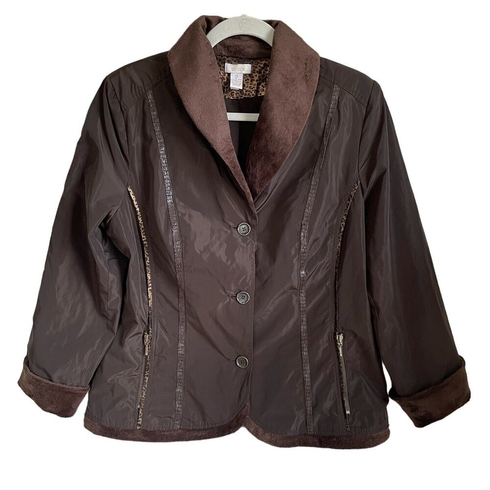 Chico's Jacket 3 Button Sz L Front Faux Fur Collar and Cuffs Leopard Print Trim